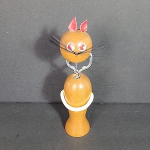 Vintage Mid Century Japanese Wooden Cat Corkscrew Bottle Opener NWOT